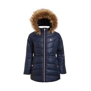 TOMMY HILFIGER Toddler Girls Blue Fur-Trim Hooded Chevron Puffer Jacket- 4T